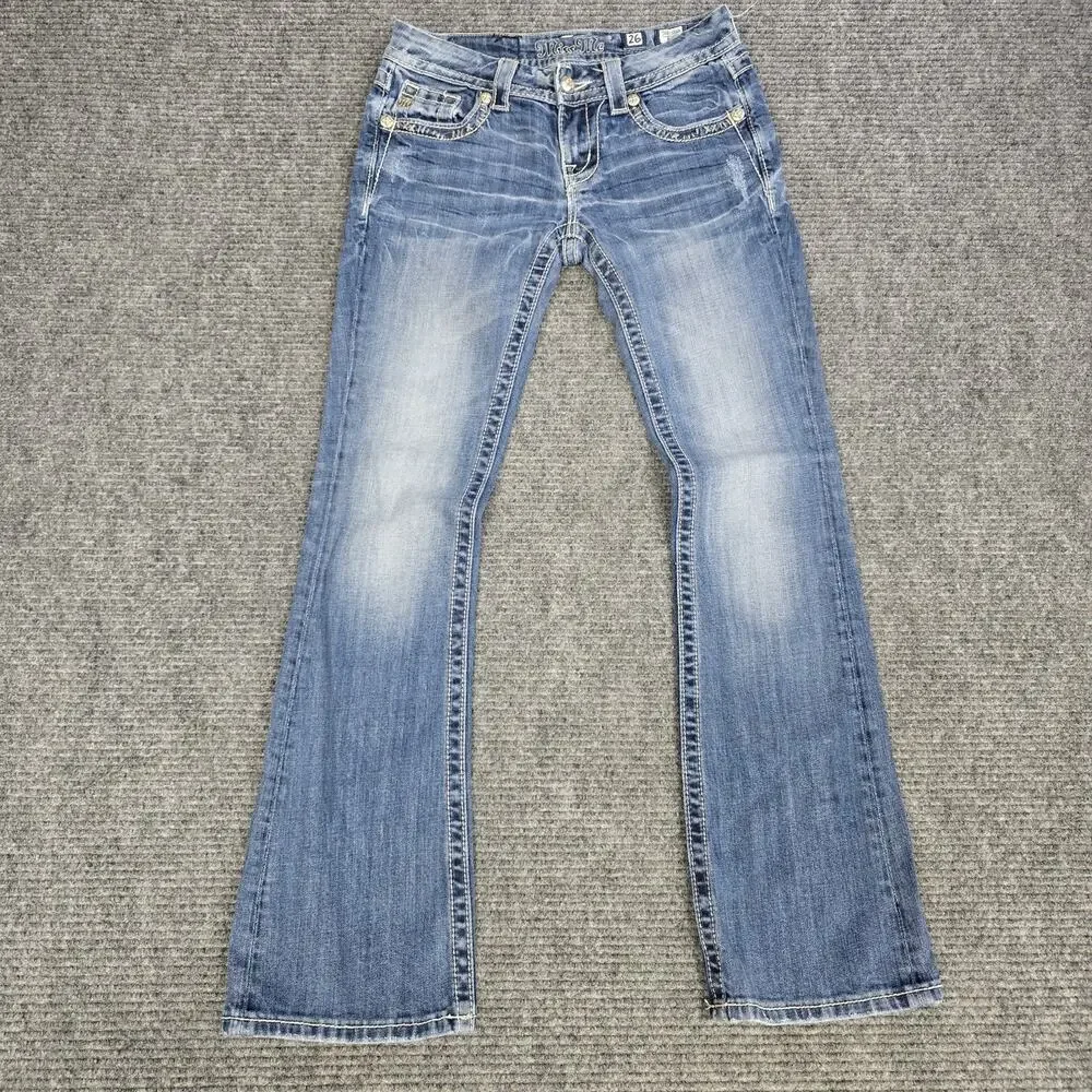 Miss Me Jeans Womens 26 Blue Bootcut Embroidered Distressed Flap Pocket